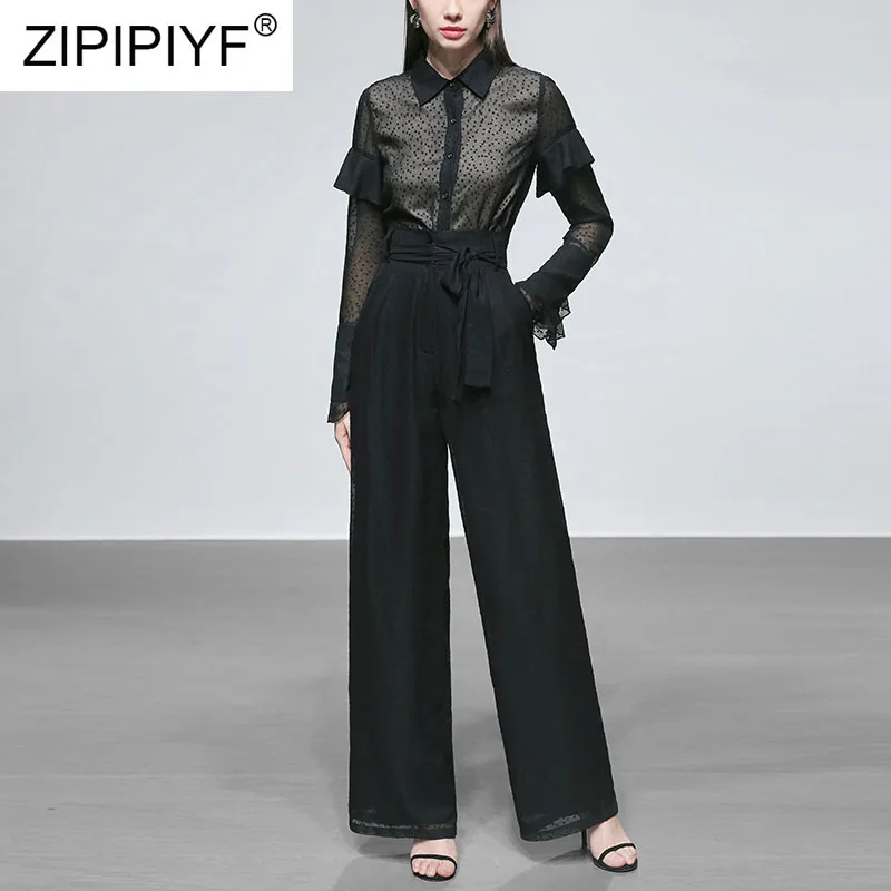 Fashion Women Sets Office Lady Turn-down Collar Blouses Bodycon High Waist Wide Leg Pants Elegant Female Two Pieces Suits K619 | Женская