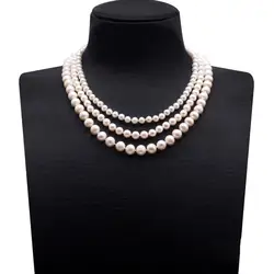 Ожерелье с натуральным жемчугом, тройное, многоразмерное, круглое, белое, пресноводное, жемчужное ожерелье 18"