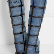 Модные дизайнерские синие джинсы; сапоги до колена на блочном каблуке; стильные джинсовые сапоги из искусственной кожи с круглым носком в стиле пэчворк; модные высокие сапоги до колена на массивном каблуке