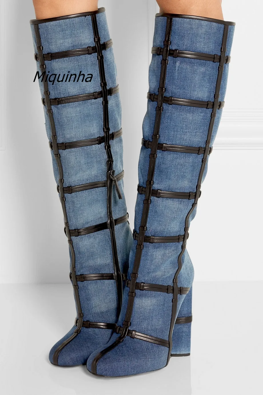 denim patchwork platform boots