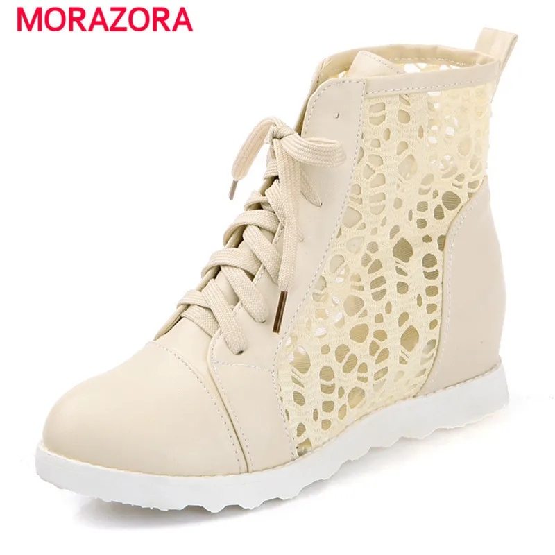 

MORAZORA Summer shoes ankle boots lace-up fashion popular height increasing big size 34-42 PU soft leather women shoes