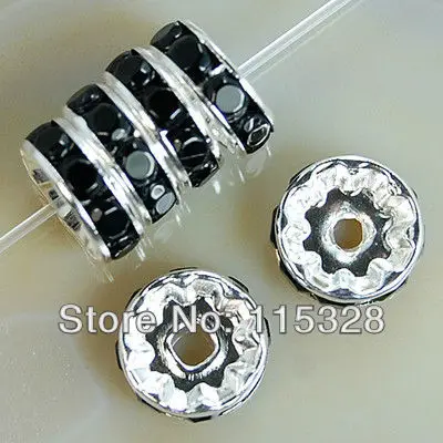 

Free Shipping 50pcs/Lot 8MM Black Crystal Spacer Metal Silver Plated Rondelle Rhinestone Loose Beads For Jewelry Making