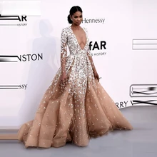 Модное вечернее платье с длинным рукавом, с глубоким v-образным вырезом, белое, с аппликацией, с часовым шлейфом, длина до пола, платье для выпускного вечера, на заказ