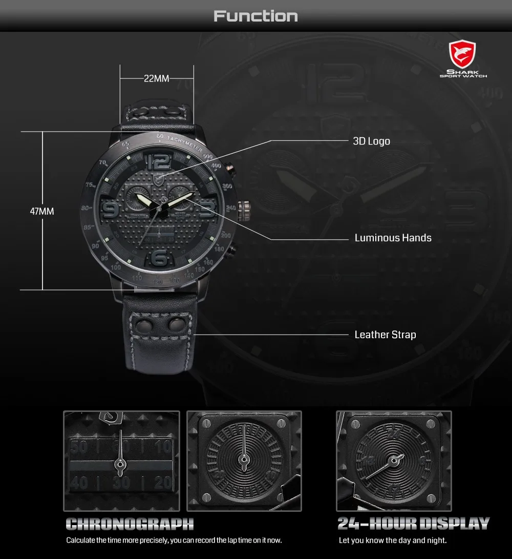 Shark мужчины часы полный сталь хронограф натуральная кожа весь черный ремешок аналоговый дисплей альпинизм спорт кварцевый часы / SH401