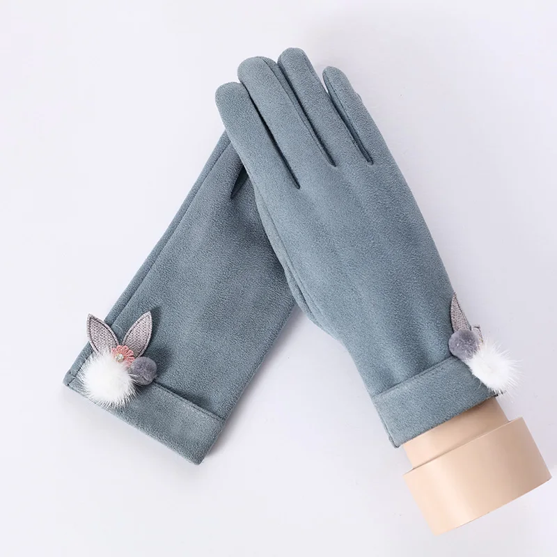 F Bean Cyan Зимние женские однослойные плюшевые Наручные Теплые кашемировые полный палец варежки женские замшевые перчатки для вождения с сенсорным экраном 82A - Цвет: F Bean Cyan