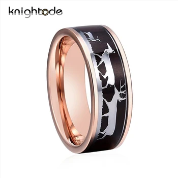 

Deer Family Black Wood Inlay Rose Gold Engagement Ring Tungsten Carbide Wedding Band Flat Polished Shiny