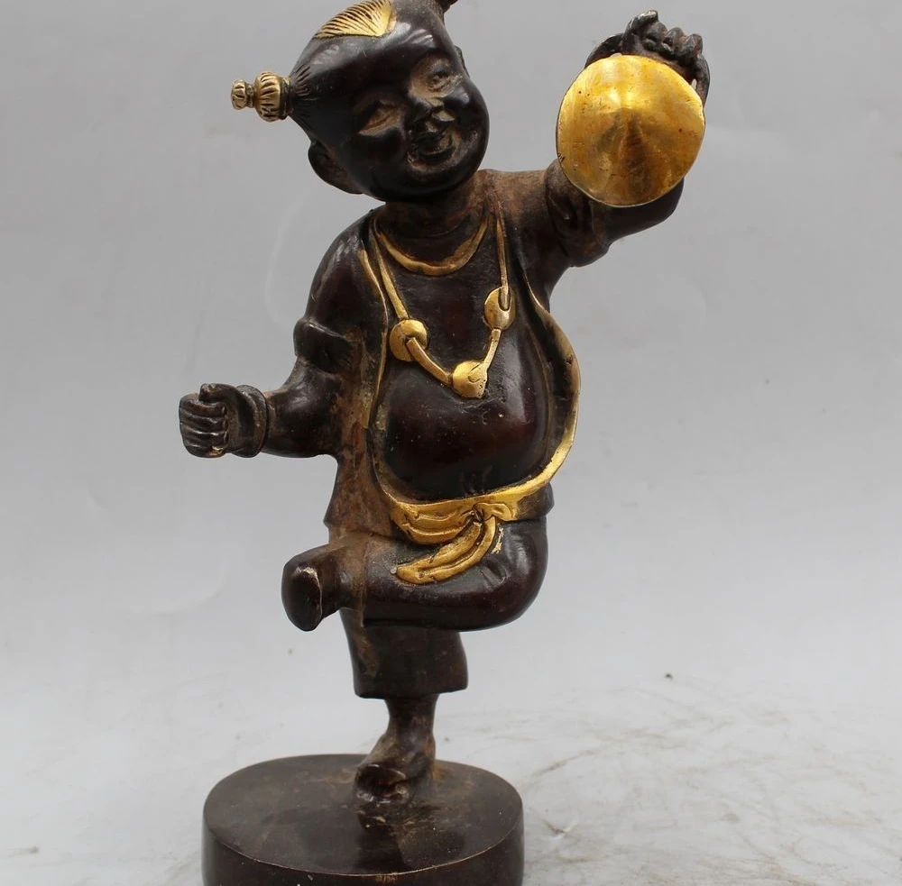 

9"China Chinese Folk Art Bronze Gild Boy perform Drums and gongs Statue