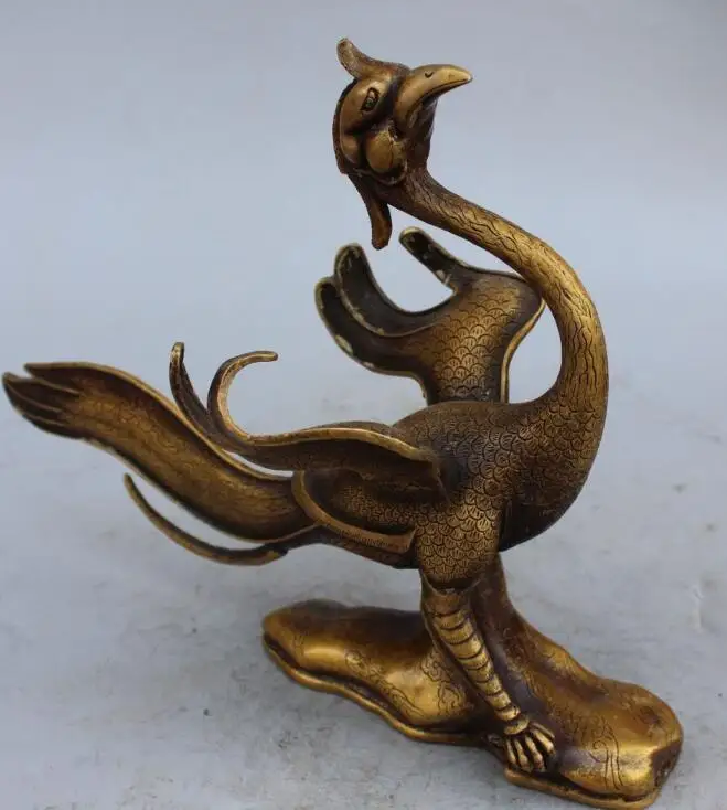 

S5145 13"Rare Pure Bronze Carved Animal Flying d Phoenix Peacock peahen Sculpture