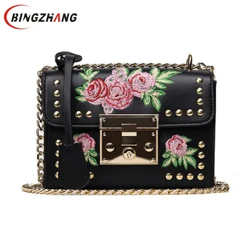 

Women Embroidery Flower Flap Bag Designer PU Leather Fashion Rivet Messenger Bags Feminina Ladies Small Shoulder Bag L4-3079