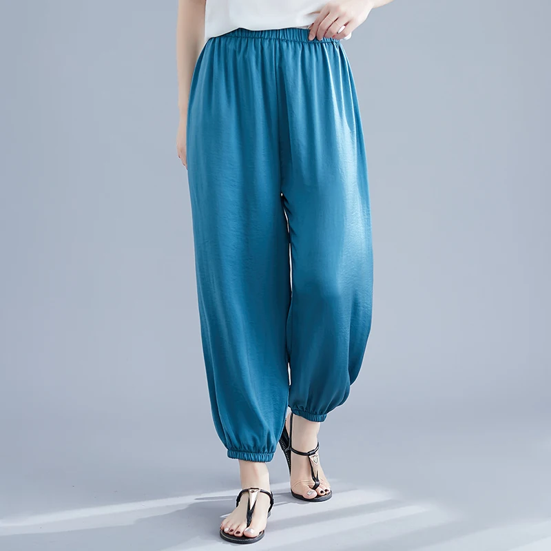 

Women Wide Leg Pants Elastic Waist 2019 Summer Autumn New Solid Color Loose Vintage Trousers