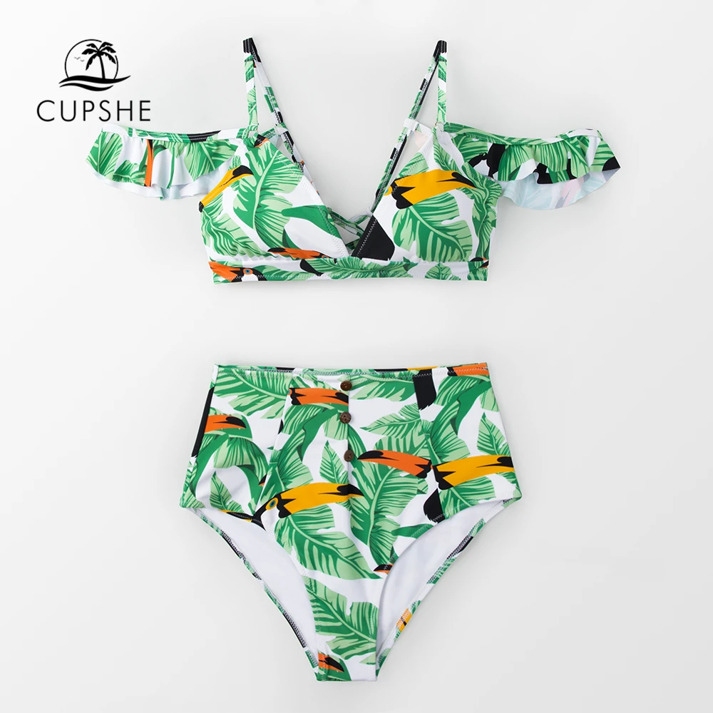 Cupshe Sexy Green Leaves And Parrots Off Shoulder Bikini Sets 2019 Summer Women Boho Lace Up 