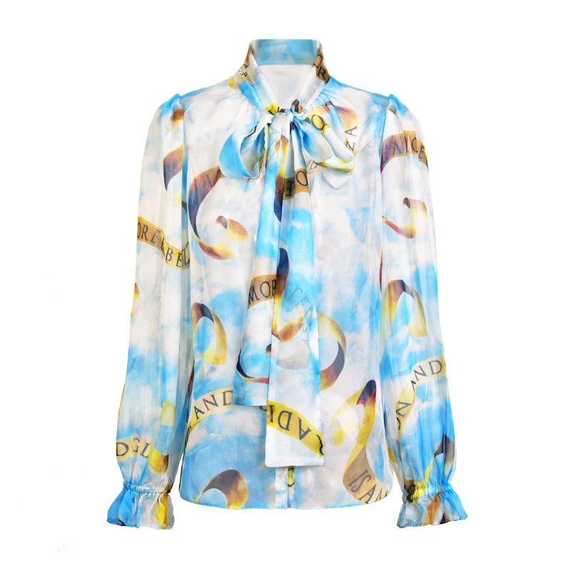 

2019 New Fashion Women Elegant Bow Collar Plus Size Beach Casual Blouse Printing Loose Shirt High Quality Tops