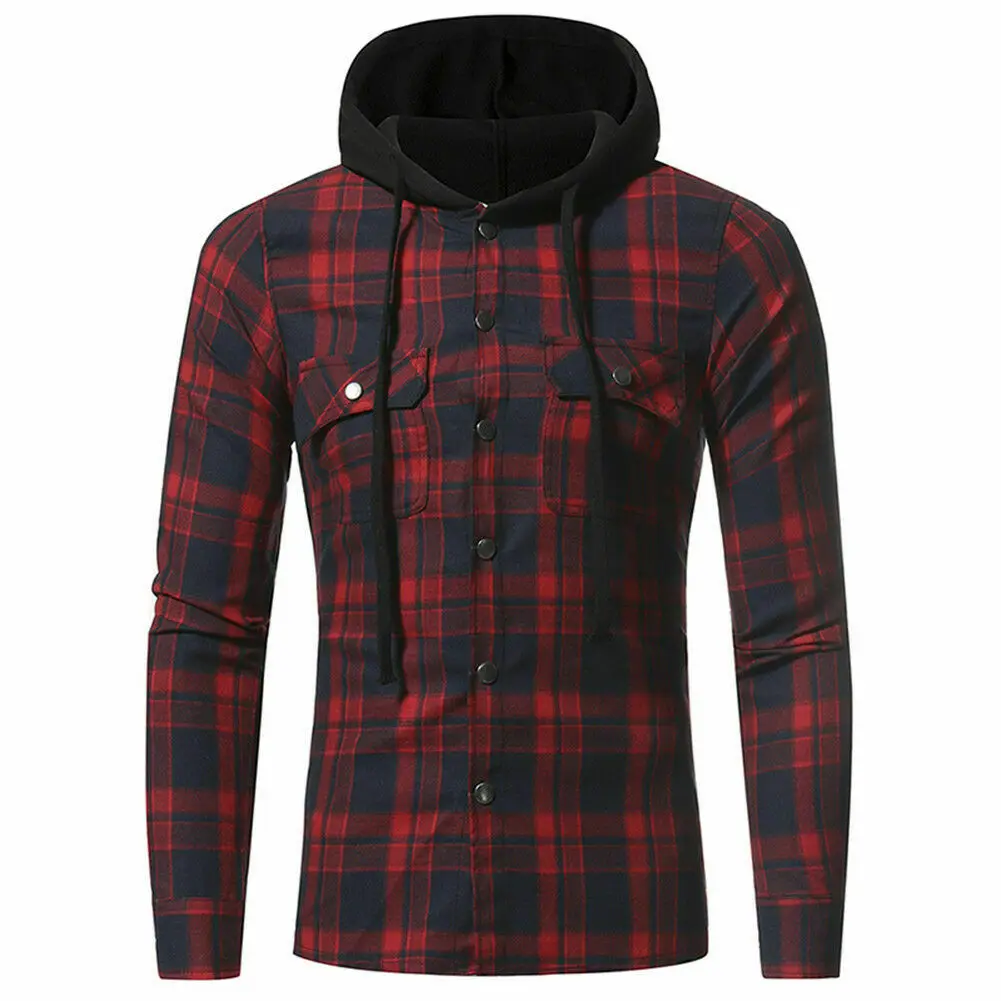 Brand New Style Plus Size Men Casual Long Sleeve Plaid Hooded Checked Pullover Shirt Tops Blouse - Цвет: Красный