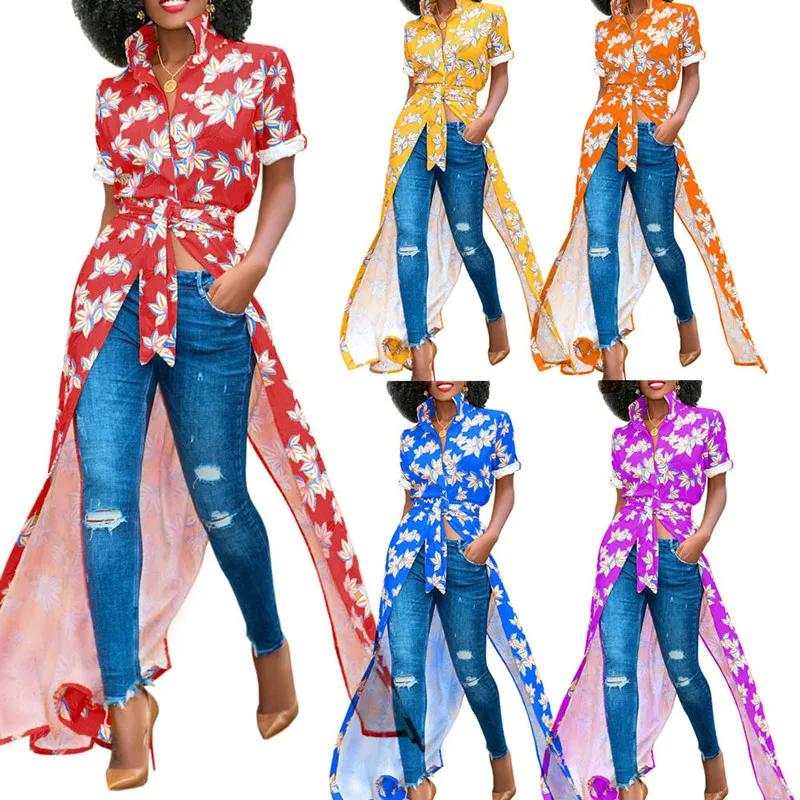 

Women's tops sexy Blouses & Shirts turn-down collar flowers printed blue green red color casual asymmetric shirt for ladies