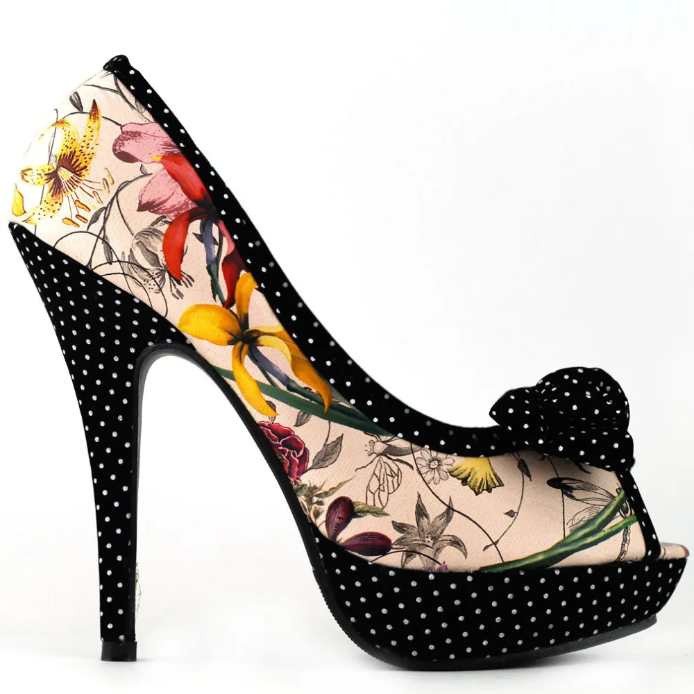 

LF30458 Beige/Pink Peeptoe Bow Floral Print Polka Dot Platform Pumps