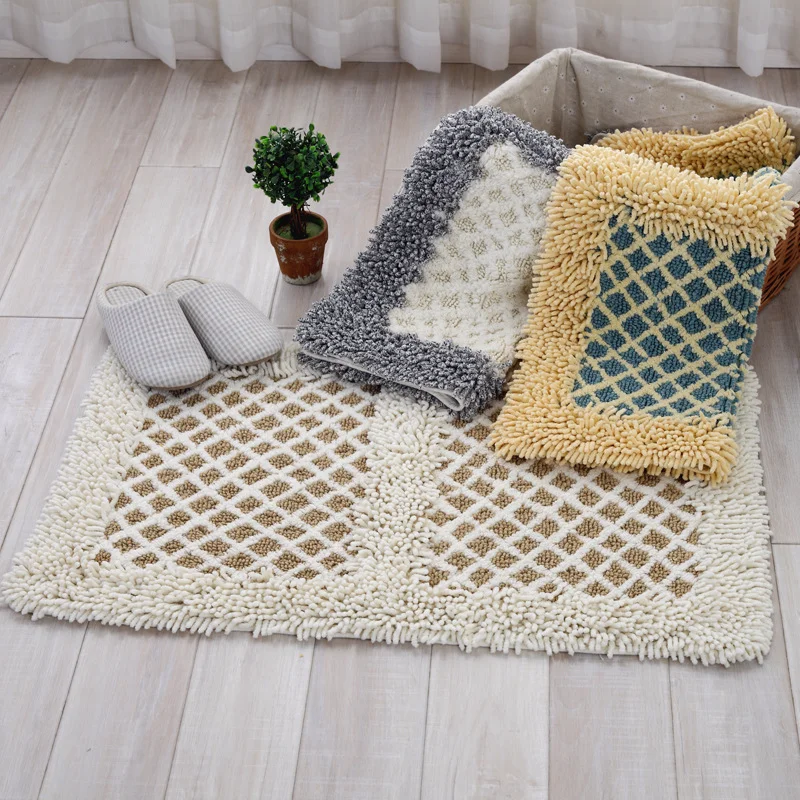 

Cotton Chenille Floor Rug Soft Small Square Pattern Foot Pad Non-slip Mat Door Mat Home Absorbent Carpet Rug