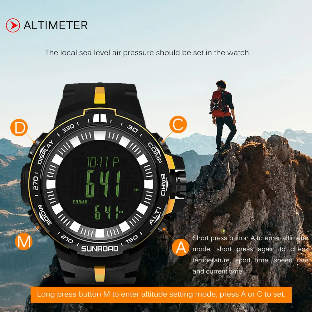 SUNROAD открытый цифровые спортивные часы для мужчин 5ATM водостойкий высотомер компасы Рыбалка барометр часы