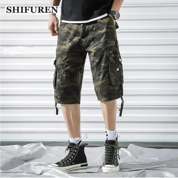 

SHIFUREN Military Camo Cargo Shorts Summer Fashion Men Cotton Multi-pocket Work Overall Baggy Cargo Shorts Knee Length Plus Size