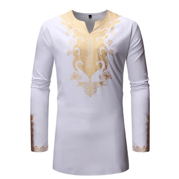 

New Men White Dashiki Dress Long Sleeve African Clothes Print Rich Bazin 2020 Hip Hop Streetwear Fashion for Mens Shirt