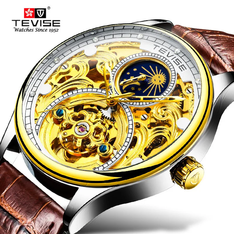 

2019 Clock Men Tourbillon Automatic Mechanical Watches Mens Moon Phase Leather Waterproof Wristwatches Reloj Hombre TEVISE