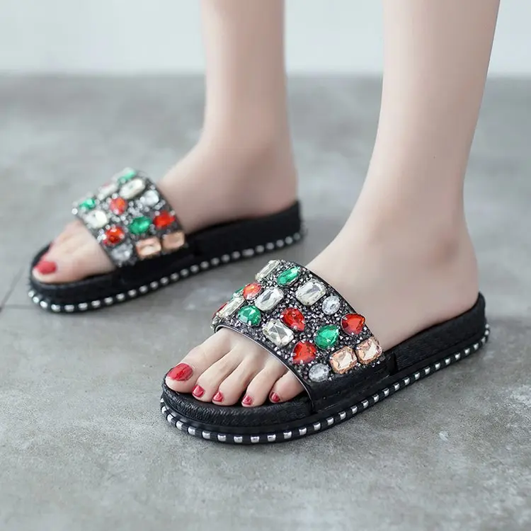 Women Casual Summer Flat Platform Slippers Female Rivets Bead Slides ...