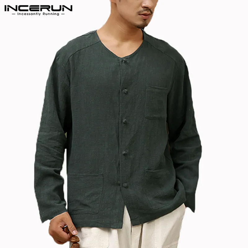 INCERUN китайские мужские рубашки Tang костюмы хлопок с длинным рукавом вырез лодочкой Ретро Хан рубашки под костюм мужские топы Camisas Chemise плащ - Цвет: Grey