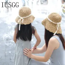 Милые повседневные родитель-ребенок солома шляпа от солнца с бантом широкие пляжный навес летние шляпы для женщин Boater пляжная Лента