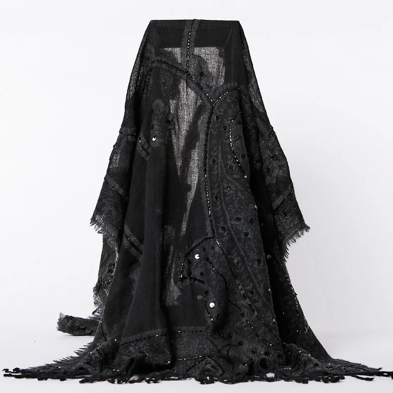 

high quality Indian style Bohemia handmade flowers black embroidery beaded sequins wool scarf Shawl size:70*180cm(dry cleaning)