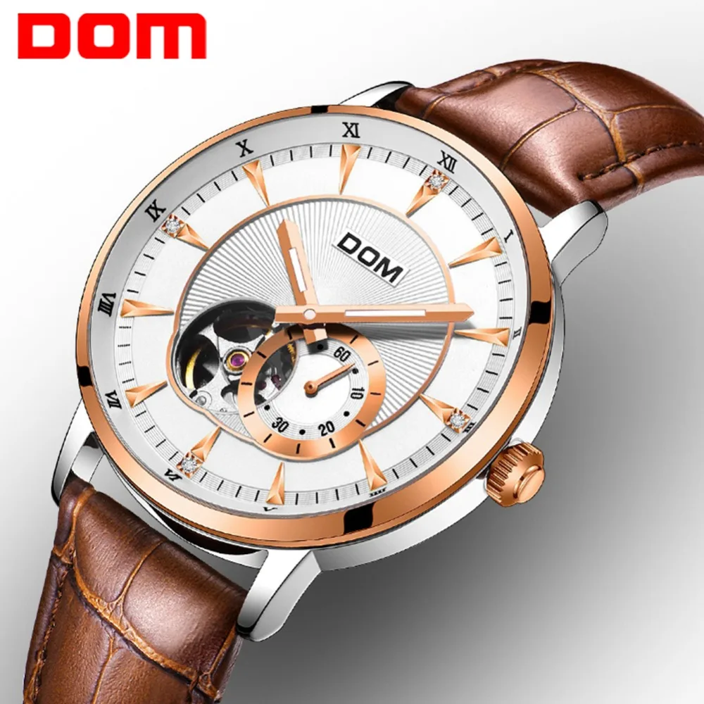 

DOM 2018 New Men's Skeleton WristWatch Leather Antique Casual Automatic Skeleton Mechanical Watches Male Top Brand Luxury M-8104