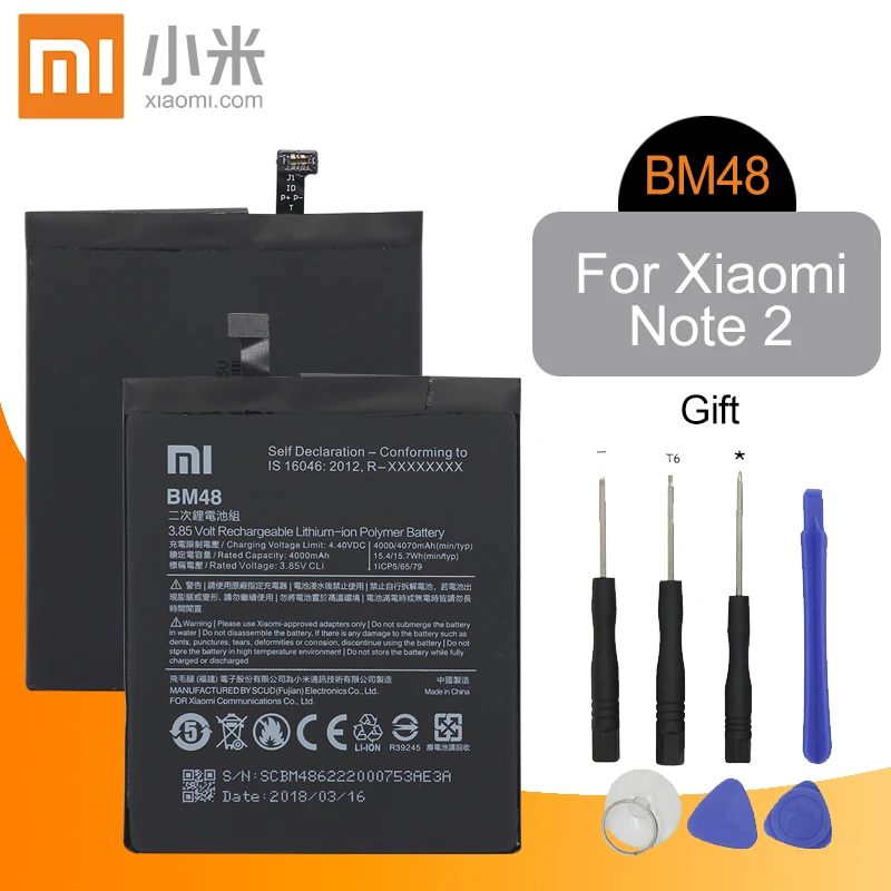 

Xiao Mi Original BM48 Replacement Phone Battery High Capacity 4000mAh For Xiaomi Note 2 Note2 Genuine Li-ion Batteries +Tools