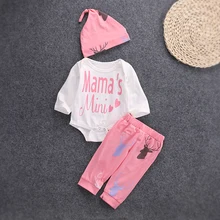 3 шт. комплект детской одежды для маленьких девочек ясельного возраста детская одежда с длинными рукавами Письмо печати хлопок Комбинезоны для малышек Брюки для девочек Шляпа 3 до 18 месяцев