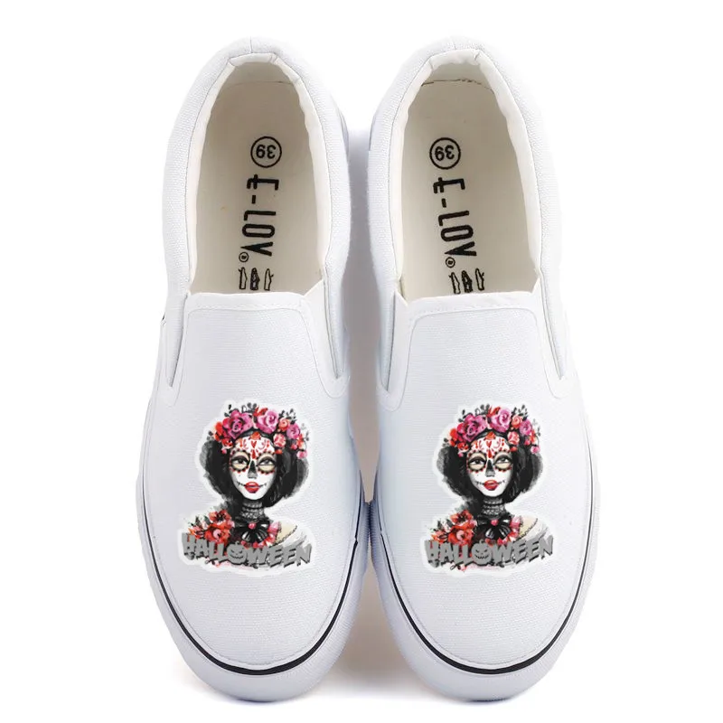

Top Brand Monster Printed Women Flat Loafers Shoes Custom Witch Skeleton Canvas Shoes Casual Slip On Design Halloween Gift