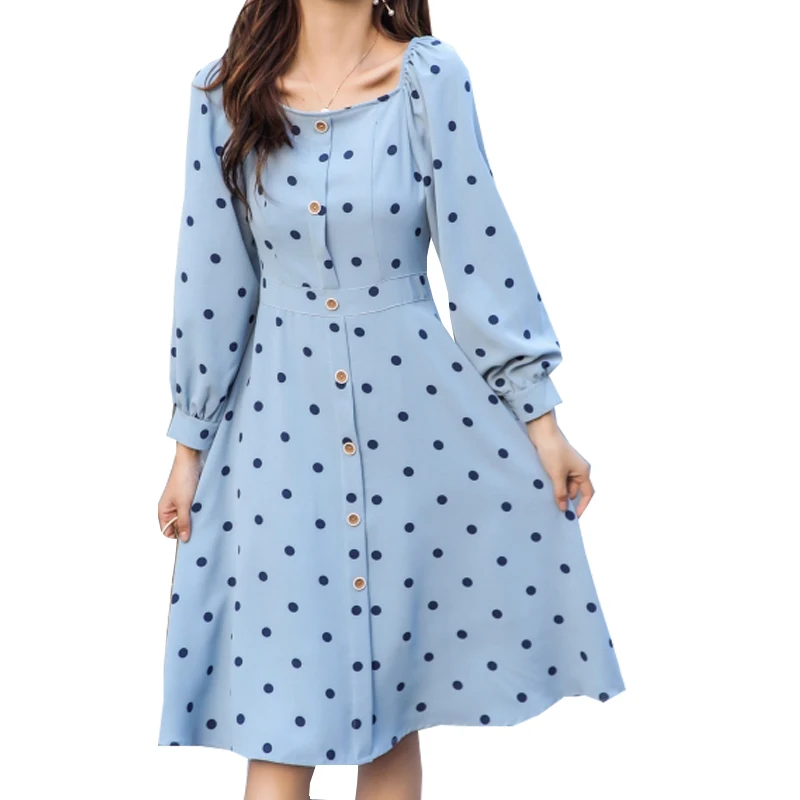 

Vestido Vintage 2018 Autumn Dot A-Line Office Dress Women Elegant Square Collar Long Sleeve Button Dresses Plus Size Dress