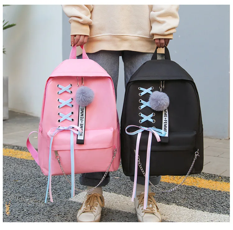 Women Backpack Korean Fashion Ribbon Bow 5pcs Cover Mother Bag Wild Large-capacity School Bag