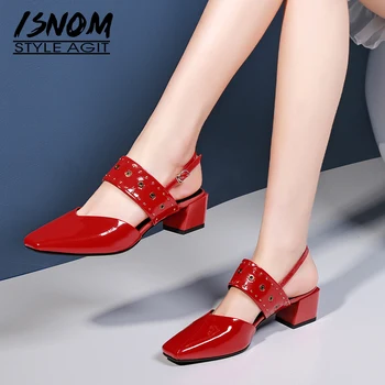 

ISNOM Studded Summer Sandals Women Patent Leather Sandals Woman Med Heels Shoes Female Buckle Rivet Shoes Ladies 2019 New Red