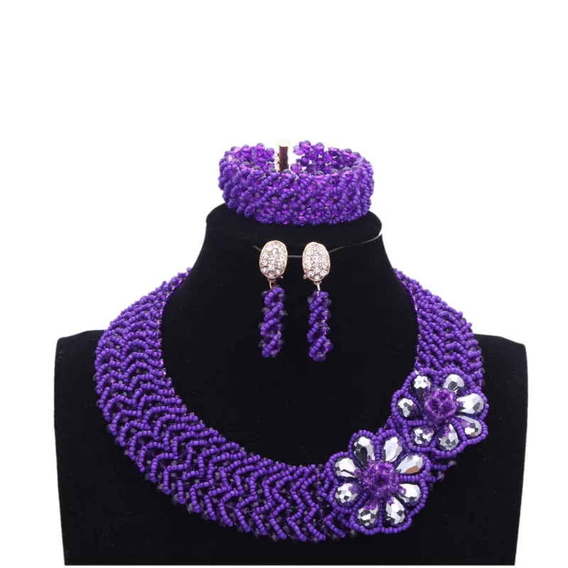 

4UJewelry African Jewelry Set Earrings and Necklace in Purple With Silver Flowers Womens Jewellery Dubai Crystal Nigeria Bridal