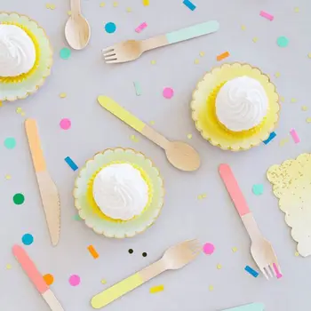 

24pcs/Set Disposable Wooden Utensil Forks Spoons Knives Tableware Sets Cutlery Pink Wedding Birthday Party Tableware Serveware