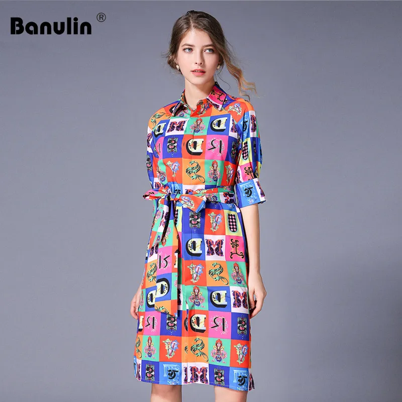 

Luxury Print Vintage Casual Shirt Dress Women Summer Dress Runway Designer Dresses High Quality Women Fashion 2019 Robe Femme