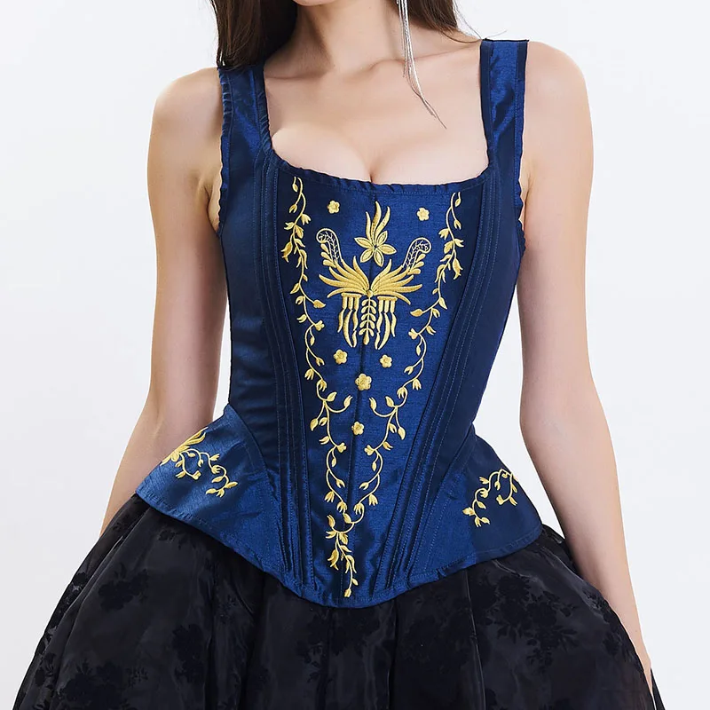 Blue/Gold Floral Embroidery Sexy Corselet Corset Overbust Espartilhos E