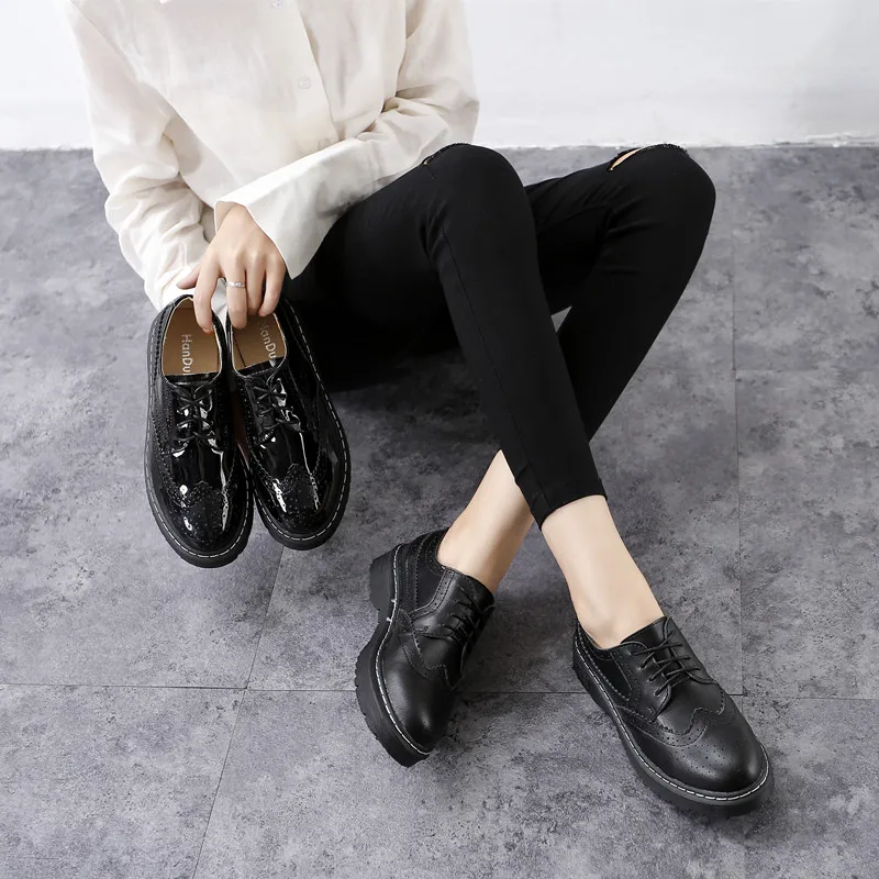 

Spring & Autumn Vintage Women's Flats Round Toe Shoes British Style Derby Women's Patent Leather Shoes Female Oxfords 34--43
