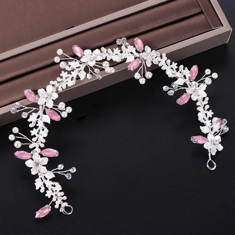 

2019 New Silver Flower Headbands Pink Crystal Pearl Headpiece For Wedding Hair Accessories Women Hairbands Hot Sale Hair Jewelry