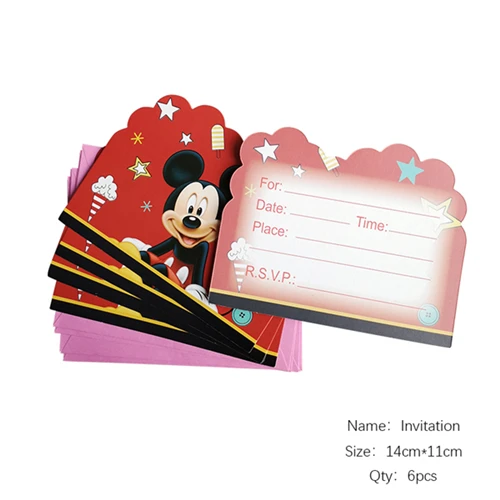 Красный Детский комплект для украшения дня рождения с изображением Микки из мультфильма; вечерние принадлежности для дня рождения - Цвет: Invitation  6pcs