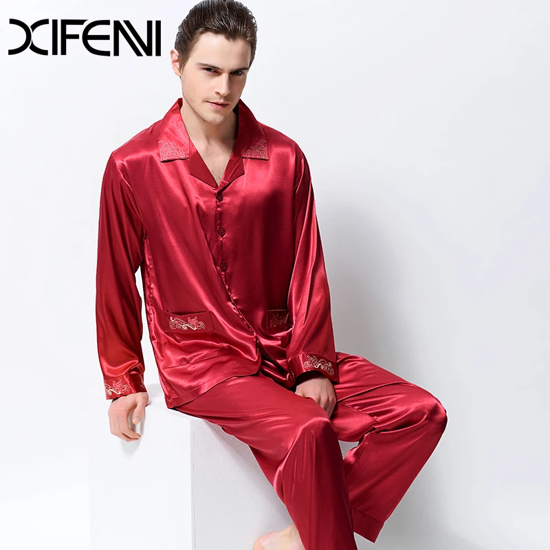 2019 New Satin Silk Pajamas Male Long Sleeve Embroidery Men Pyjama Sets ...