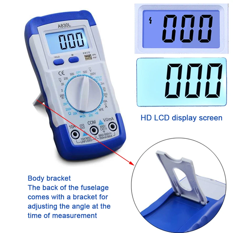 A830L Multimeter LCD Digital Multimeter AC DC Voltage Diode Freguency Multitester Current Tester Luminous Display with Buzzer