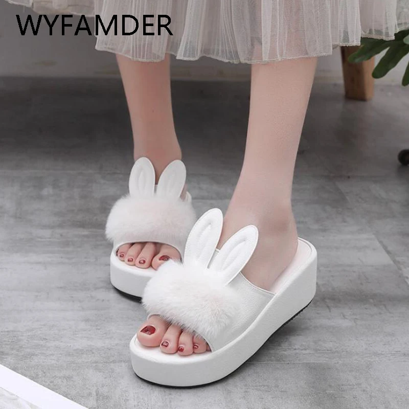 

WYFAMDER Cute Rabbit Ear Women Slippers 2019 Summer Fur Platform Women Mules Slingback Wedges Lady Sandals White Shoes WL8
