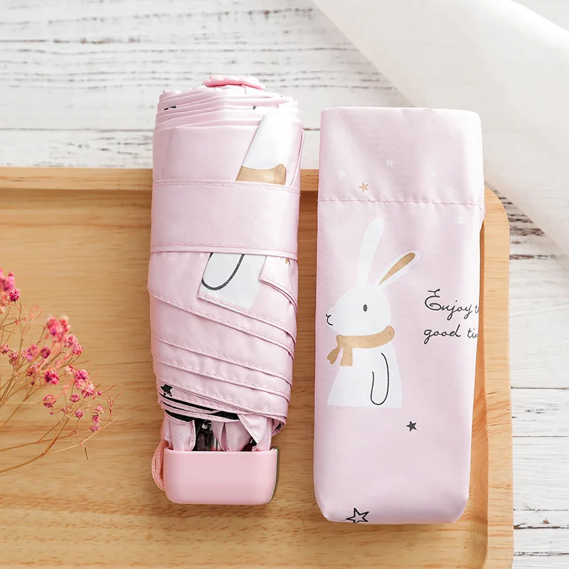 Модные мини Женский Зонт пять складной животных Стиль черное покрытие путешествий зонт дождь Для мужчин брендовая легкая карман девочек зонтик - Цвет: Pink rabbit