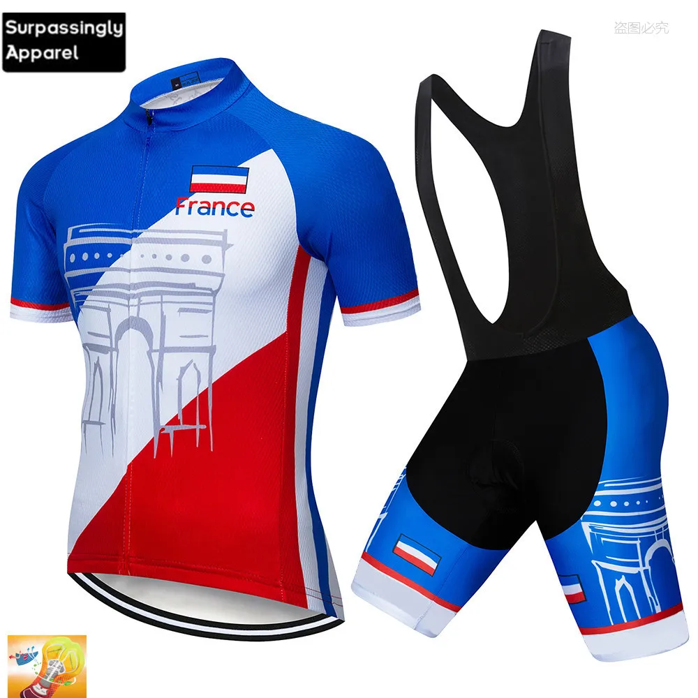 2019 جديد فرنسا فريق الأزرق الدراجة الملابس مجموعة 16D هلام سادة Coolmax الدراجات أعلى الدراجة مريلة السراويل كيت الدراجات قصيرة مجموعة جيرسي