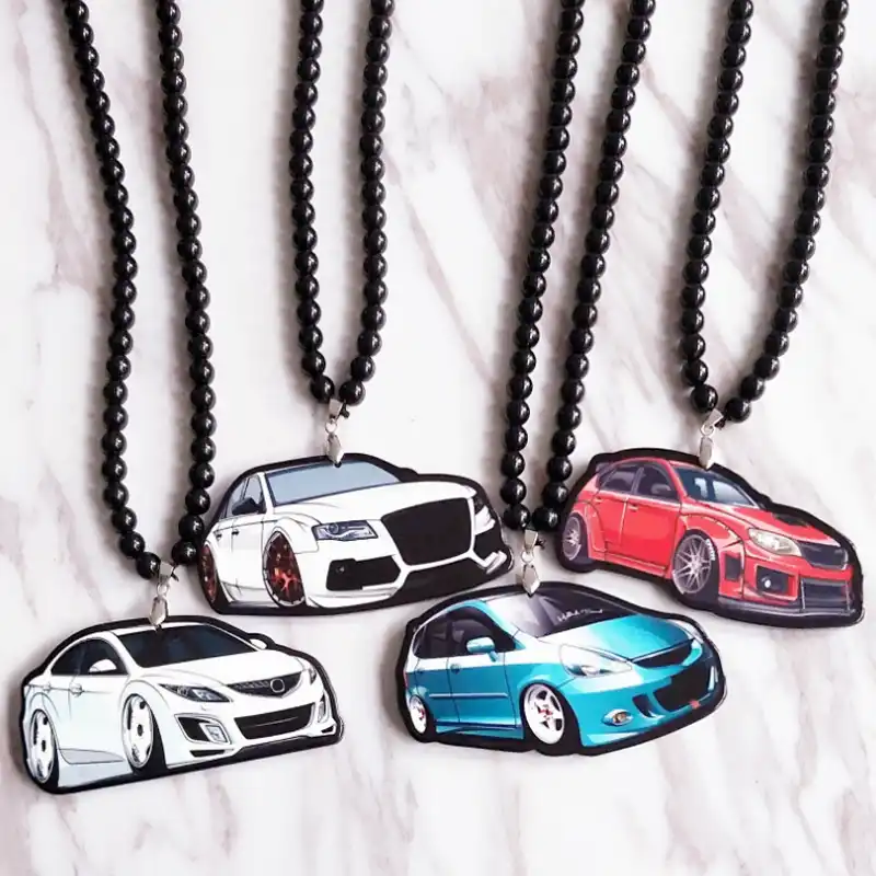 White Sedan Car Model Badge Double Sides Printed Pendant Rearview