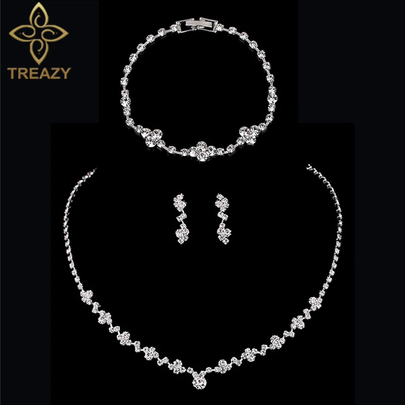 TREAZY Simple Bridesmaid Bridal Wedding Jewelry Sets Rhinestone Crystal Choker Necklace Earrings Bracelet Women Jewelry Sets