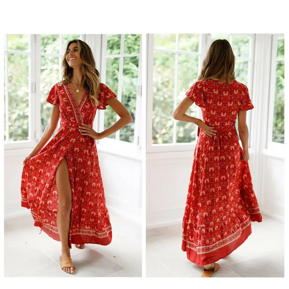 Женское богемное цветочное Летнее Длинное Платье с v-образным вырезом, с коротким рукавом, с разрезом, вечернее пляжное платье, короткое Длинное Макси платье, сарафан - Цвет: Красный